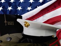 A few good men poster. Image of USA flag, Military Hat & Holy Bible book